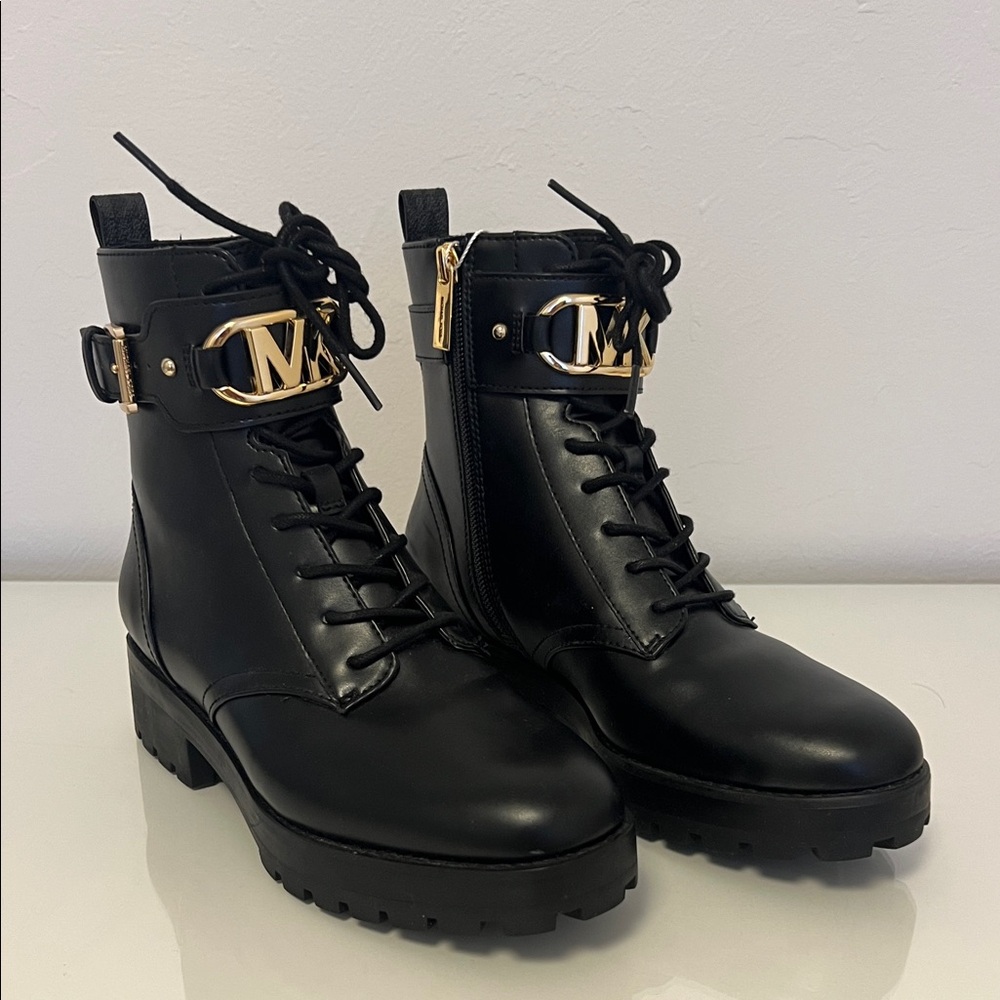 Michael Kors Black Combat Boots with Gold Details